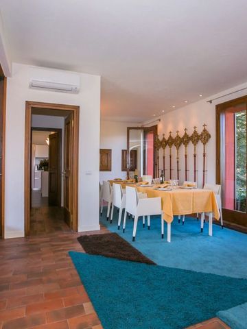 Essbereich mit großer Tafel, modernen Stühlen und Fensterblick ins Grüne.