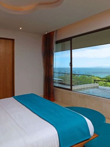 Hotelzimmer mit großem Fenster und Meerblick