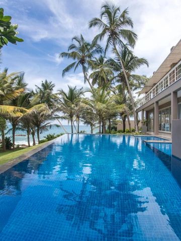 Infinity Pool umgeben von Palmen mit Blick auf das Meer