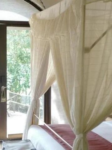 Lichtdurchflutetes Zimmer mit Baldachinbett und Blick auf Natur