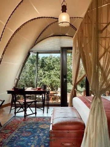 Luxuriöses Zeltzimmer mit großem Bett und Rundfenster im Wild Coast Tented Lodge Hotel.