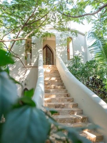 Steintreppe führt zu einer eleganten Eingangstür umgeben von grüner Vegetation