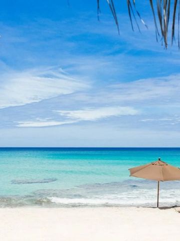 Einsamer Strand mit türkisblauem Wasser und einem Sonnenschirm unter Palmen.