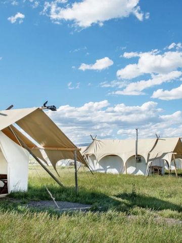 Gruppe von luxuriösen Zelten in einer weiten Graslandschaft unter blauem Himmel