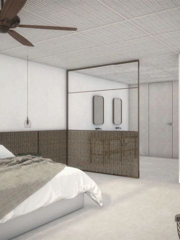 Moderne Suite mit minimalistischer Einrichtung und Deckenventilator