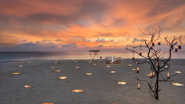 Romantisches Dinner-Setup am Strand bei Sonnenuntergang im Anantara Kihavah Maldives Villas, mit Lagerfeuern im Sand und Laternen an einem Baum.