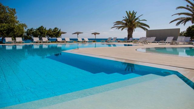 Großer Pool mit Liegestühlen und Palmen am Meer