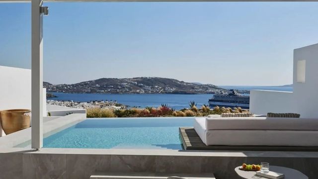 Privater Infinity Pool mit Blick auf das Meer und eine idyllische Insel