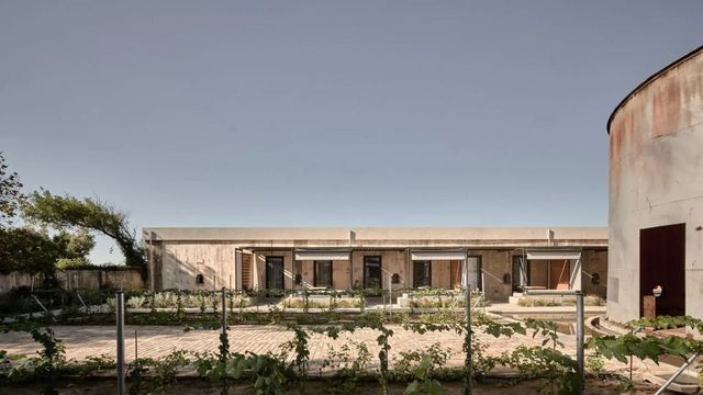 Außenansicht des Dexamenes Seaside Hotel mit moderner Architektur und Garten.