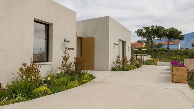 Moderne Hotelrezeption mit minimalistischer Architektur und begrünten Beeten