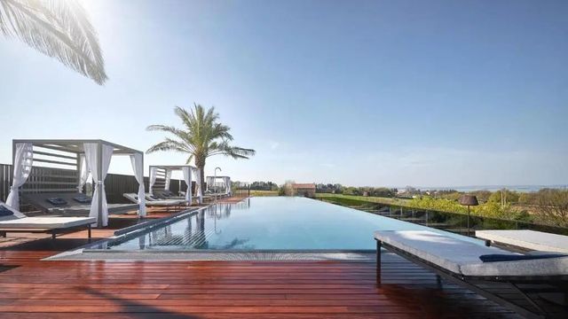 Infinity Pool mit bequemen Liegen und Palmen im Hintergrund an einem sonnigen Tag