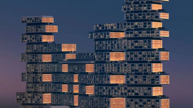 Moderne Architektur des Atlantis The Royal Palm Jumeirah bei Nacht beleuchtet