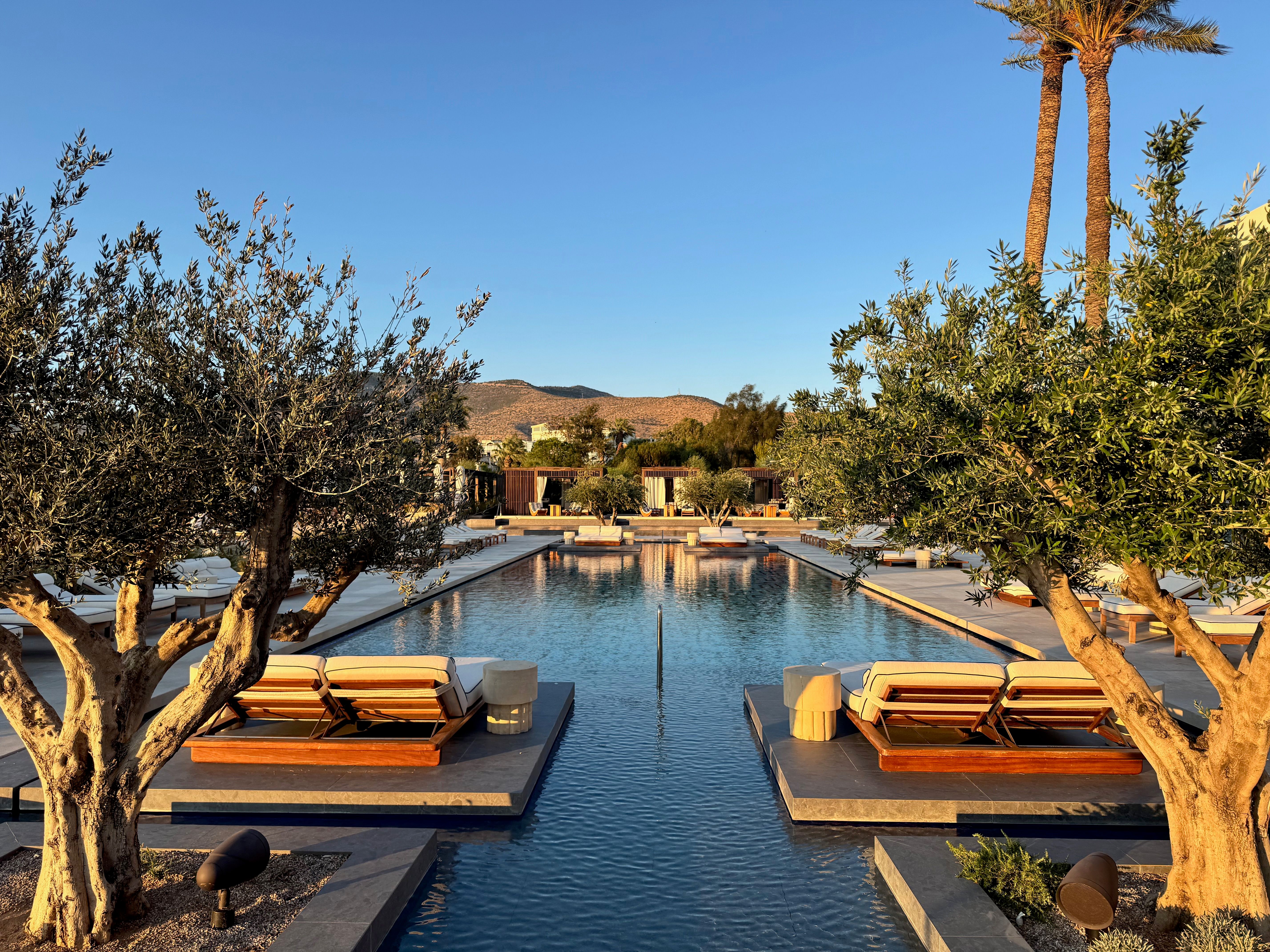 Luxuriöser Poolbereich mit Liegen umgeben von Olivenbäumen bei Sonnenuntergang.