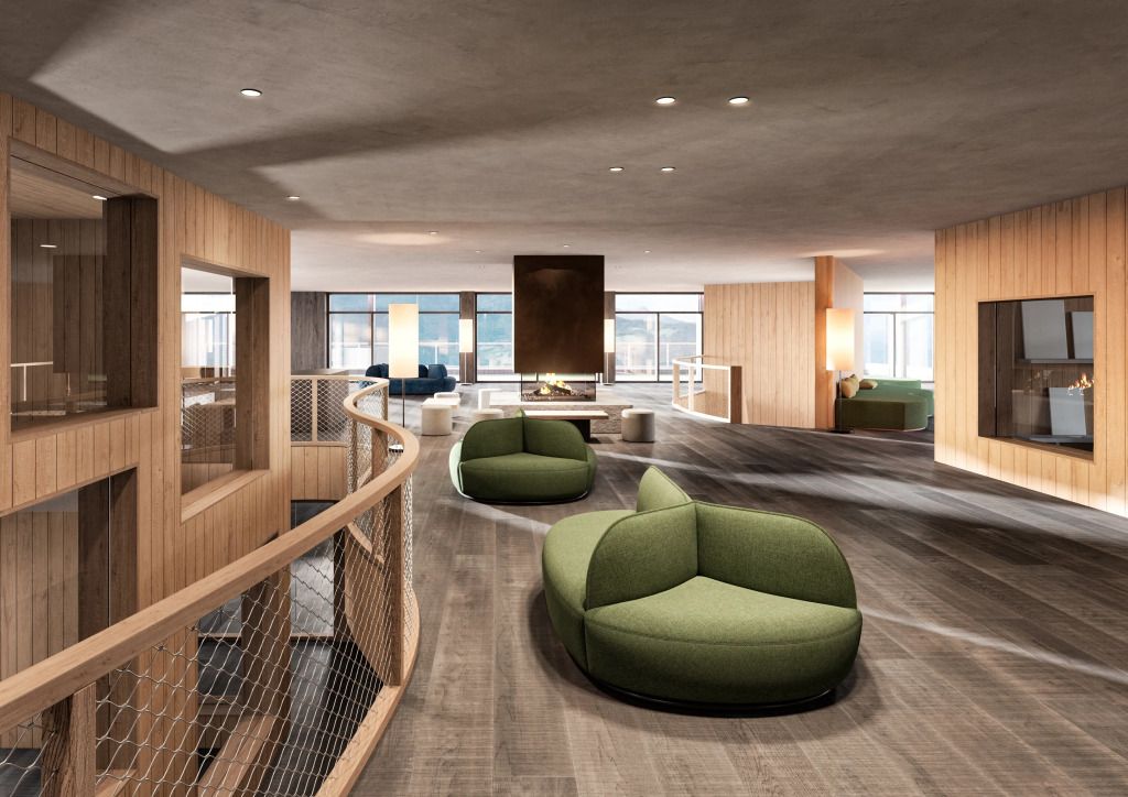 Moderne Lounge mit grünen Sofas und großem Fenster mit Blick auf die Landschaft