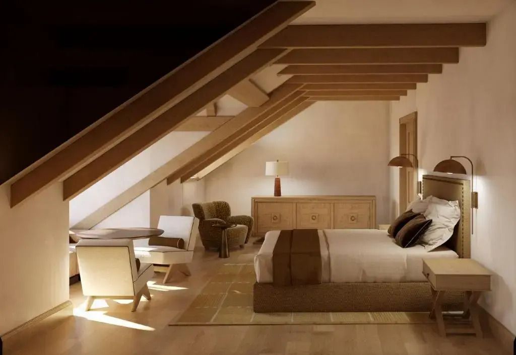 Gemütliches Dachzimmer mit Holzbalken und modernem Dekor