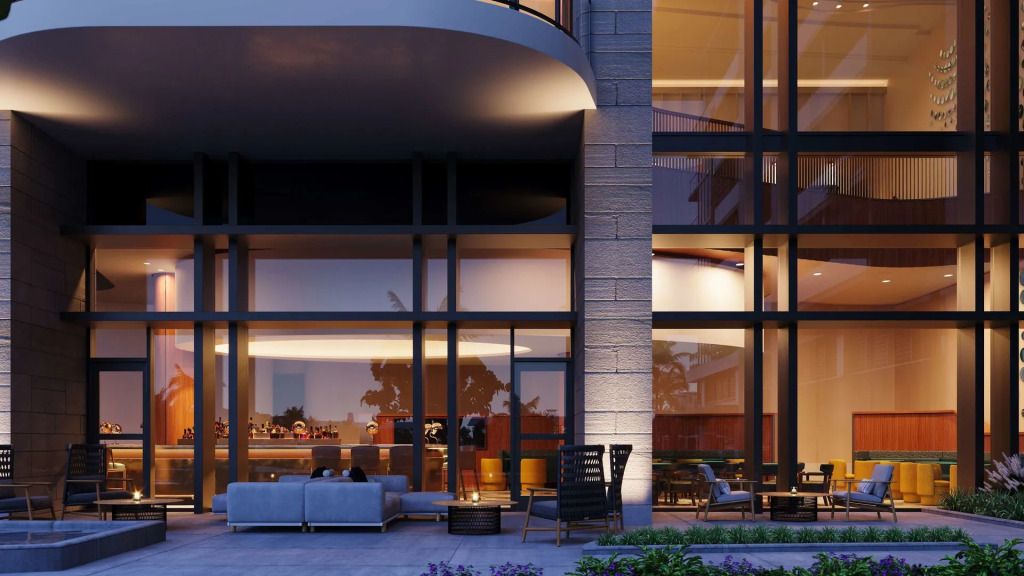 Moderne Terrasse mit bequemen Sitzmöbeln und Glasfassade