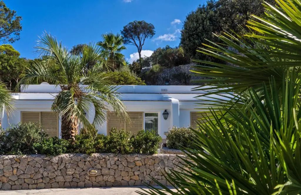 Außenansicht eines Bungalows mit Palmen und üppiger Vegetation