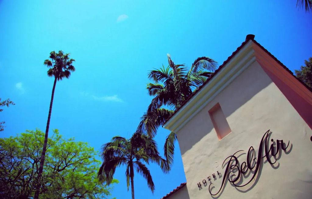 Palmen und Hotelgebäude mit klarem blauen Himmel im Hintergrund