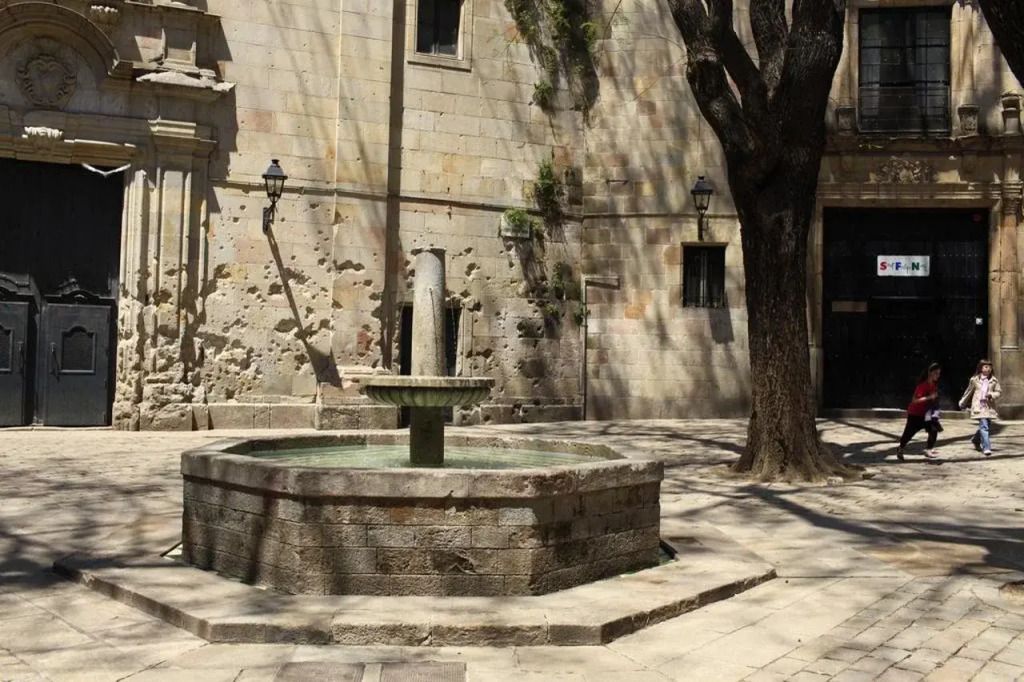 Schöner Innenhof mit einem Baum und einem kleinen Brunnen