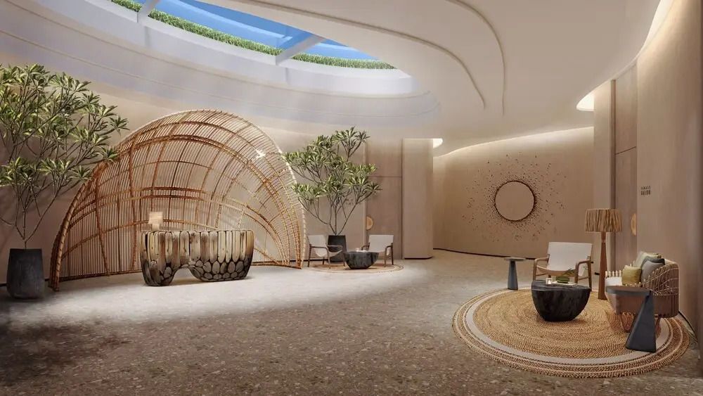 Moderne Hotel-Lobby mit elegantem Design und natürlicher Beleuchtung