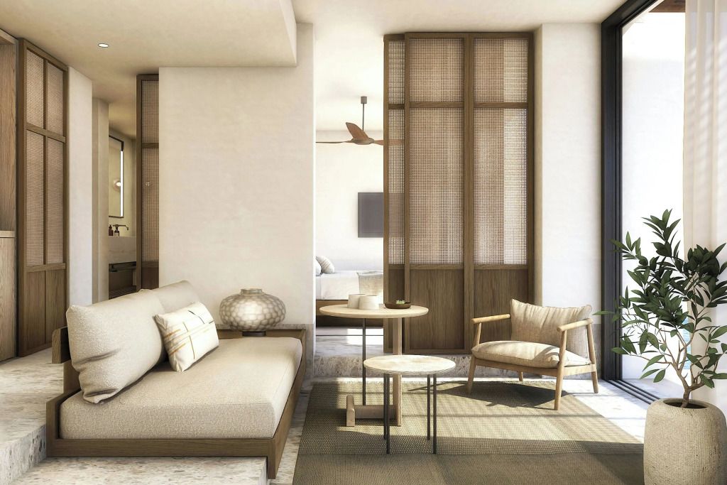 Elegantes Wohnzimmer in einer Suite mit modernem Design und natürlichen Materialien