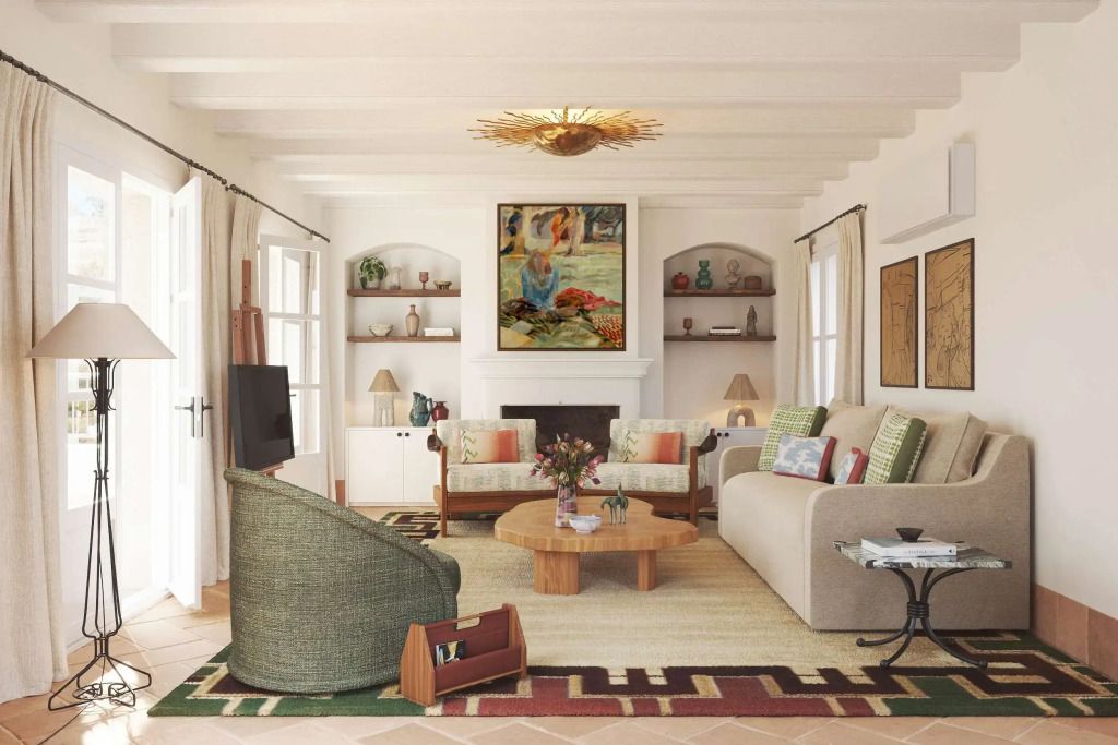 Eleganter Wohnbereich mit Kunst und rustikalem Charme im Hotelzimmer