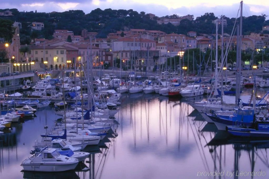 Stimmungsvolle Abendansicht des Hafens mit Segelbooten und Lichtern.