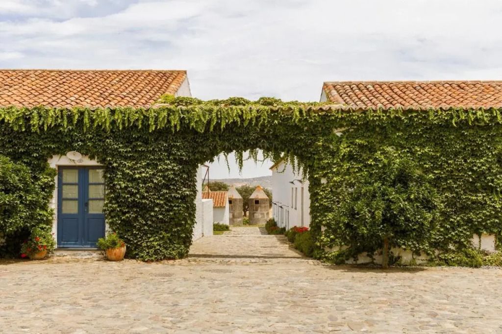 Innenhof mit bewachsenem Torbogen und Kopfsteinpflasterweg