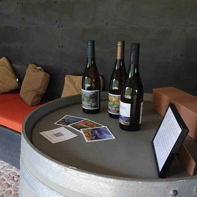 Weinflaschen auf einem Fass in gemütlicher Sitzecke mit Kissen.