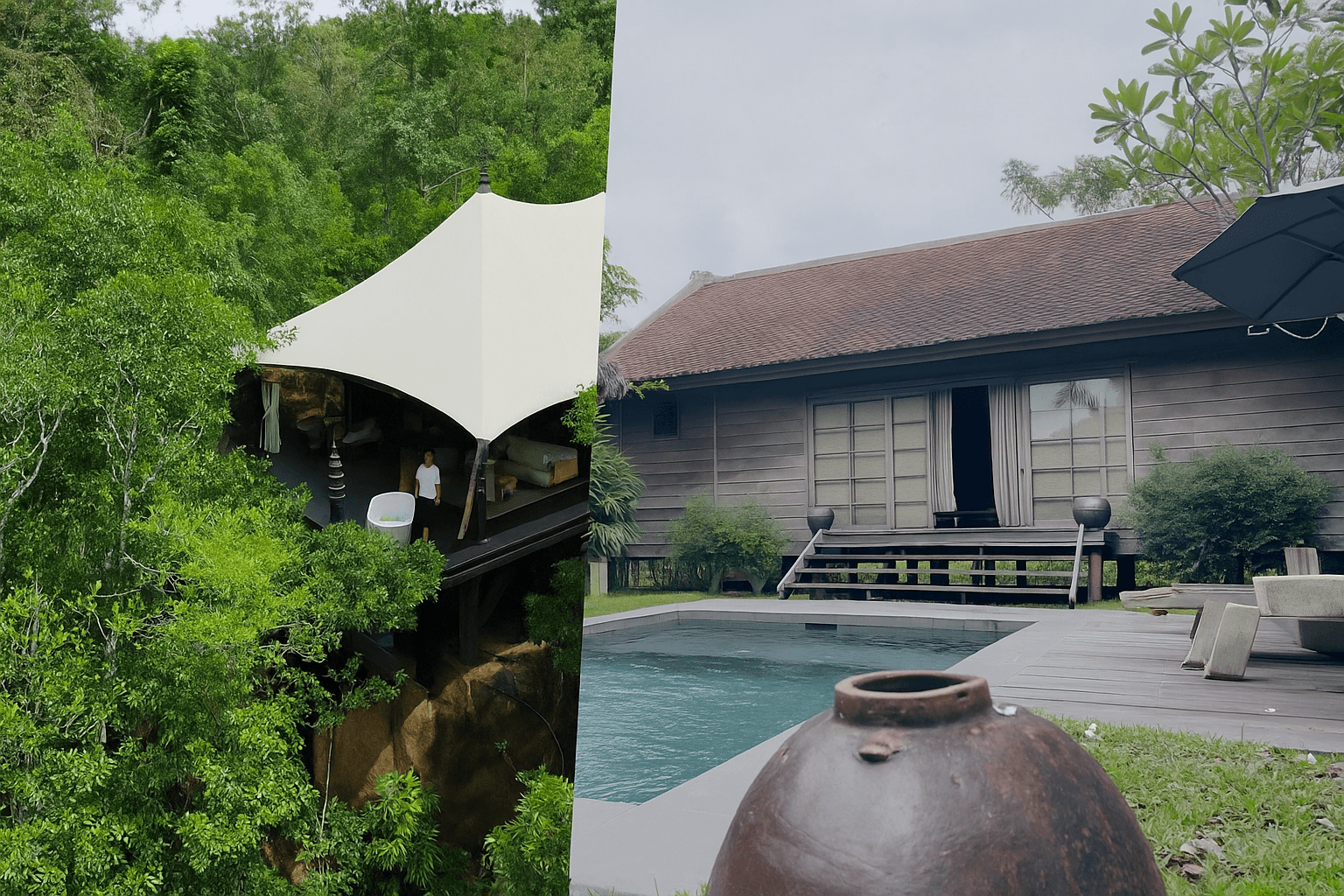 Zeltartige Villa im Dschungel mit privatem Pool und moderner Inneneinrichtung.