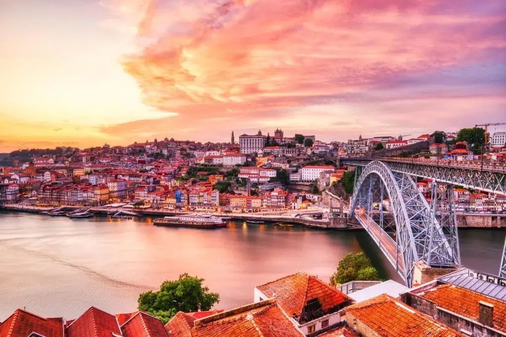 Panorama von Porto bei Sonnenuntergang mit Brücke und Fluss