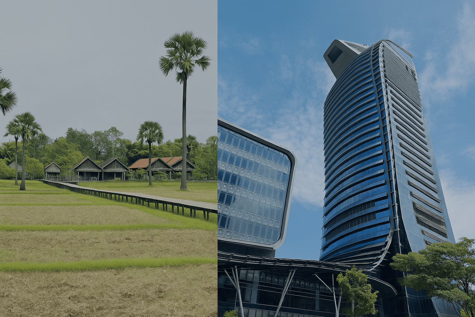 Moderner Wolkenkratzer vor einem hellblauen Himmel und traditionelles Gebäude auf grünem Feld