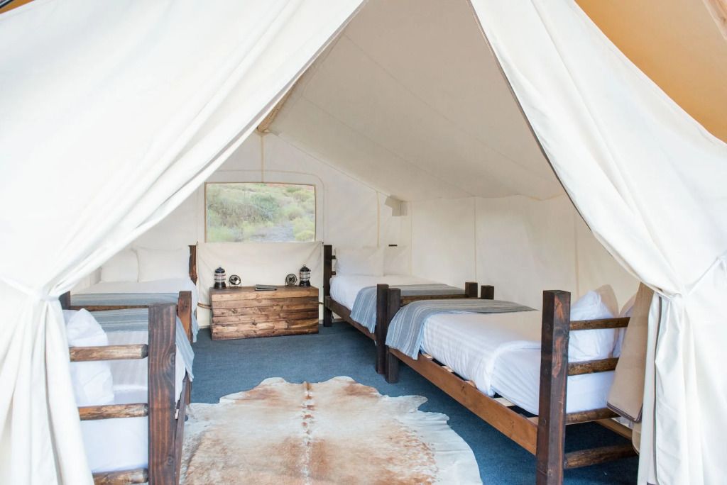 Gemütliches Zelt mit zwei Betten und Teppich falls es ein Hotelzimmer mit naturbezogenem Design ist.