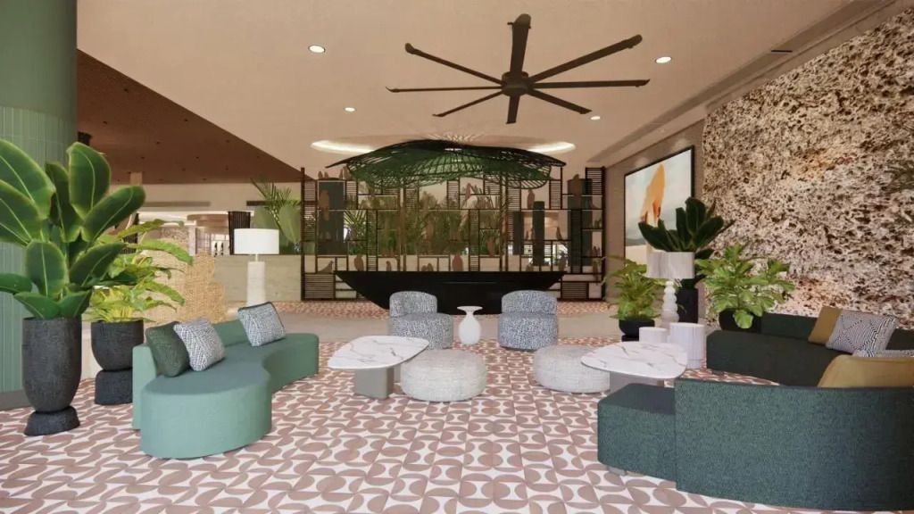 Moderne Lobby mit stilvollen Sitzgelegenheiten und Pflanzen.